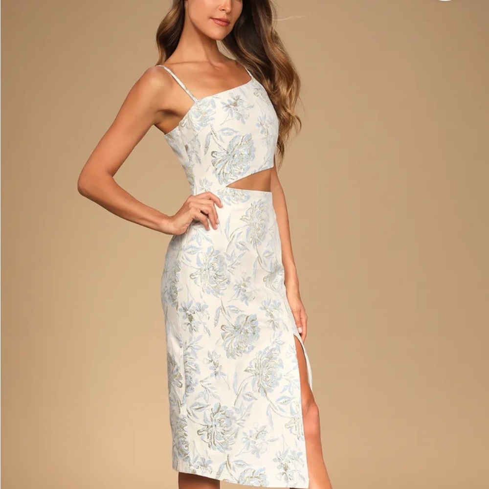 Lulus Ivory Floral Jacquard Asymmetrical Midi Dress *BROKEN ZIPPER